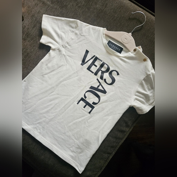 Versace Other - Versace Kids Tee in White with Bold Logo Small Yellowish Stain In Front.